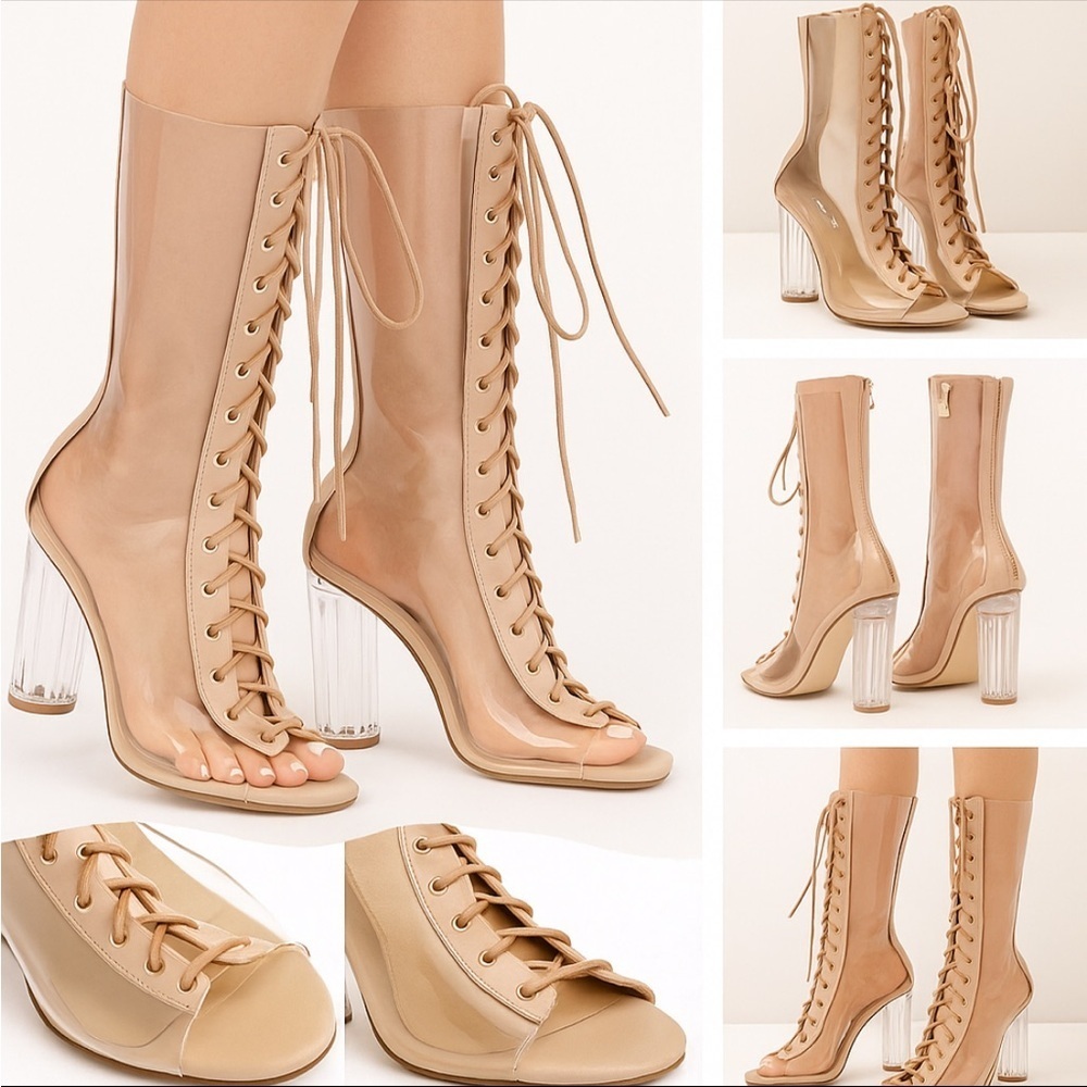 🔥 CAPE ROBBIN “BAILEY-1” Clear Lace-Up Heeled Boots Sz 7 Viral It-Girl Statement
